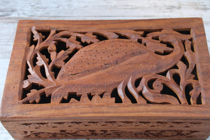 photo of vintage carved wood box w/ peacock, treasure box for jewelry, trinkets, herbs or oils  #2