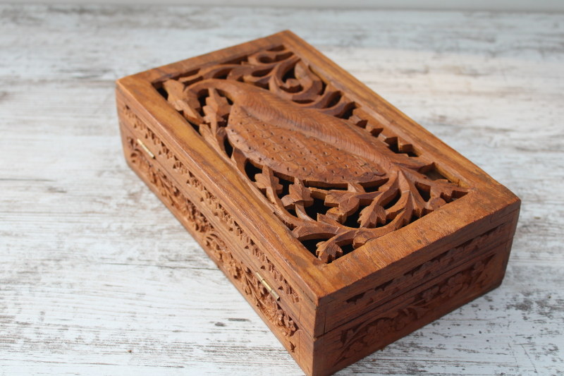 photo of vintage carved wood box w/ peacock, treasure box for jewelry, trinkets, herbs or oils  #4