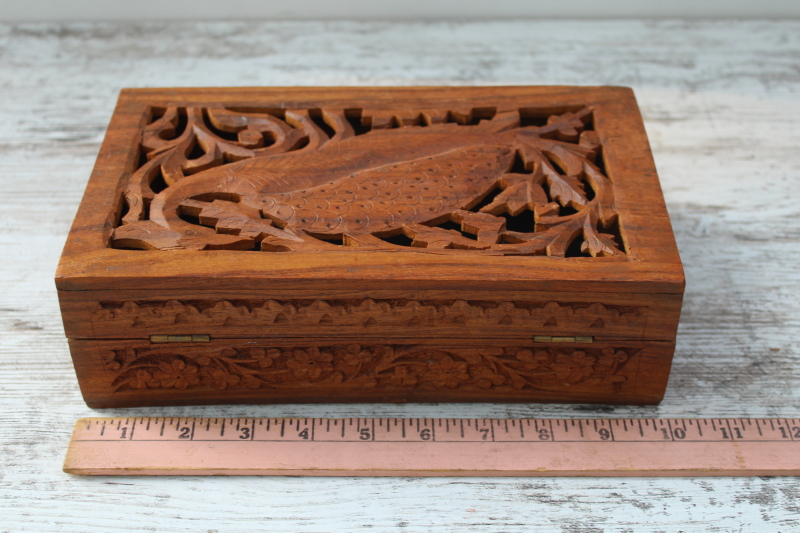 photo of vintage carved wood box w/ peacock, treasure box for jewelry, trinkets, herbs or oils  #5
