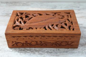 catalog photo of vintage carved wood box w/ peacock, treasure box for jewelry, trinkets, herbs or oils 