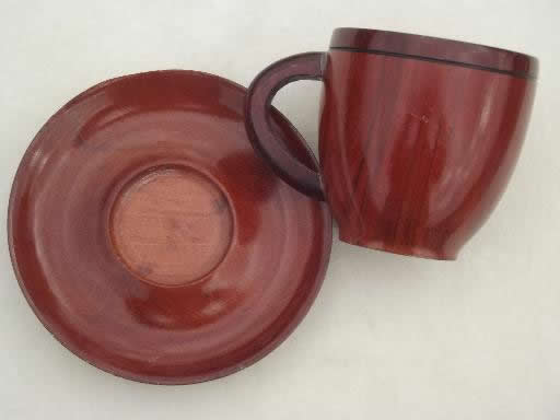 photo of vintage carved wood cups & saucers set, old wooden teacups for 4 #3