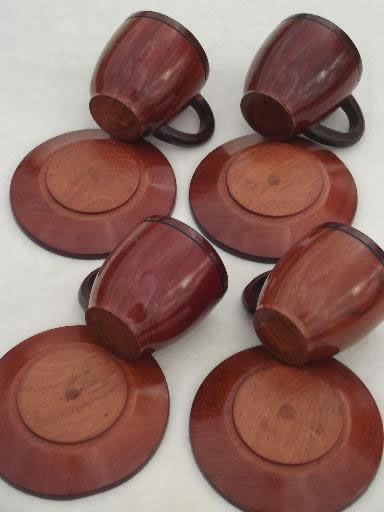 photo of vintage carved wood cups & saucers set, old wooden teacups for 4 #5