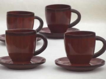 catalog photo of vintage carved wood cups & saucers set, old wooden teacups for 4