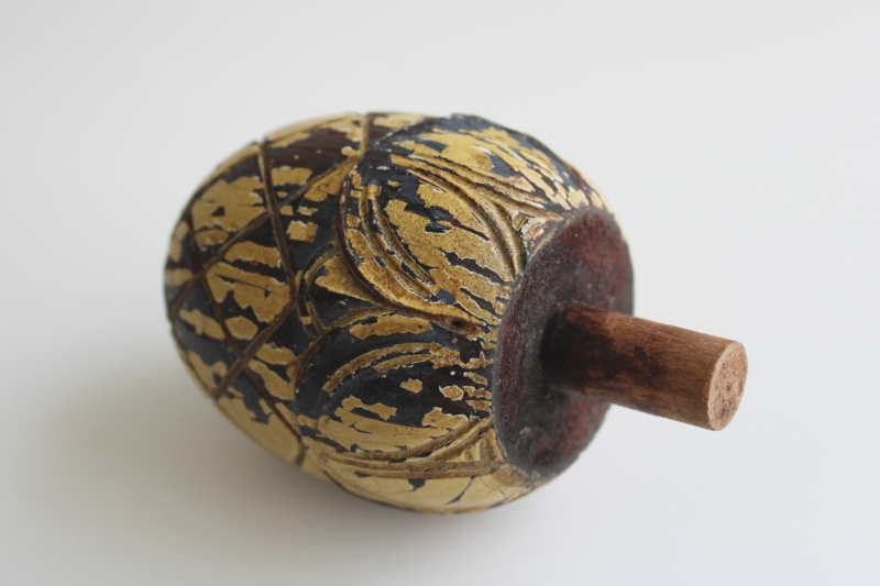 photo of vintage carved wood finial, large stair post knob pinecone or acorn w/ worn old paint  #2