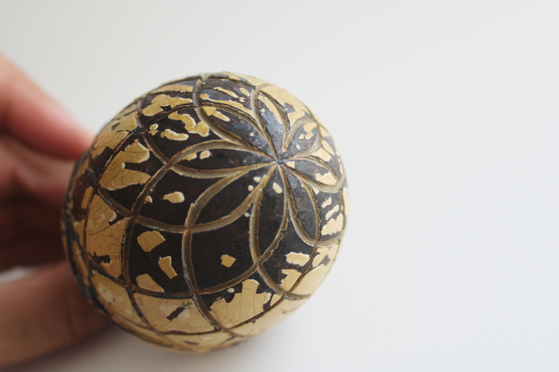photo of vintage carved wood finial, large stair post knob pinecone or acorn w/ worn old paint  #3