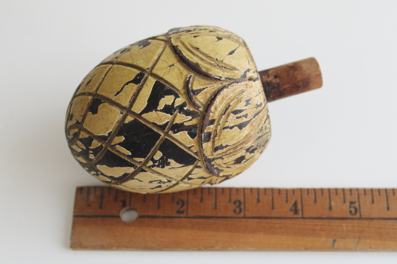 photo of vintage carved wood finial, large stair post knob pinecone or acorn w/ worn old paint  #4