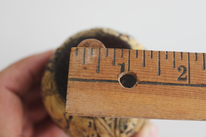 photo of vintage carved wood finial, large stair post knob pinecone or acorn w/ worn old paint  #5