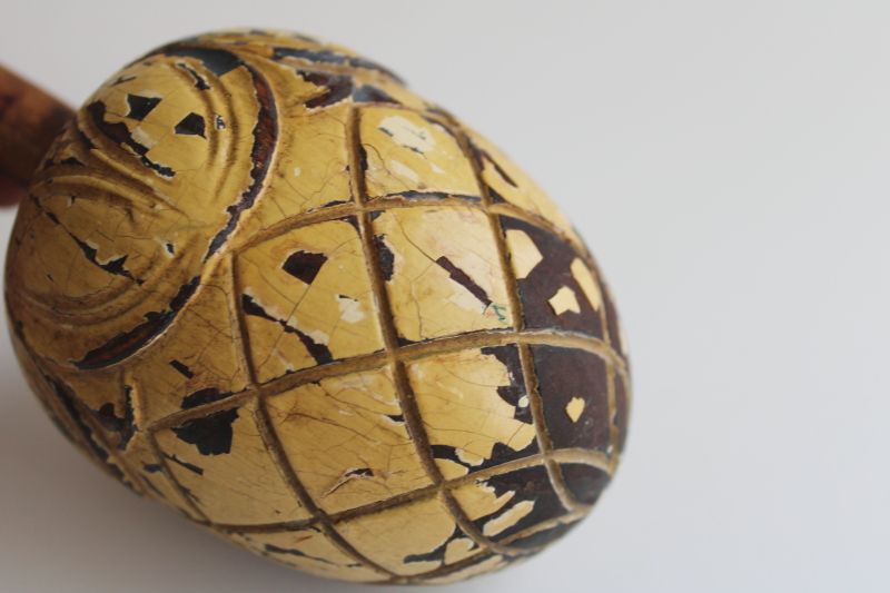 photo of vintage carved wood finial, large stair post knob pinecone or acorn w/ worn old paint  #6