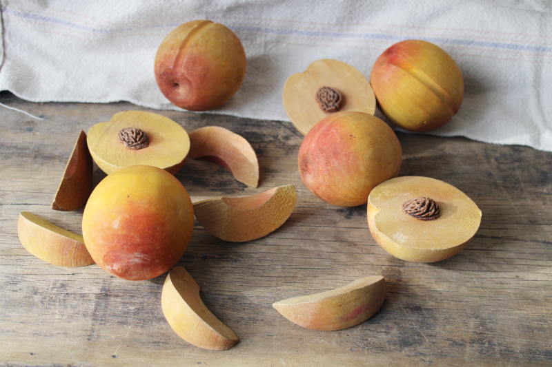 photo of vintage carved wood fruit, peaches w/ peach pits & slices, rustic still life kitchen decor #1