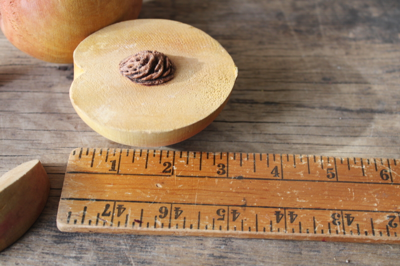 photo of vintage carved wood fruit, peaches w/ peach pits & slices, rustic still life kitchen decor #2