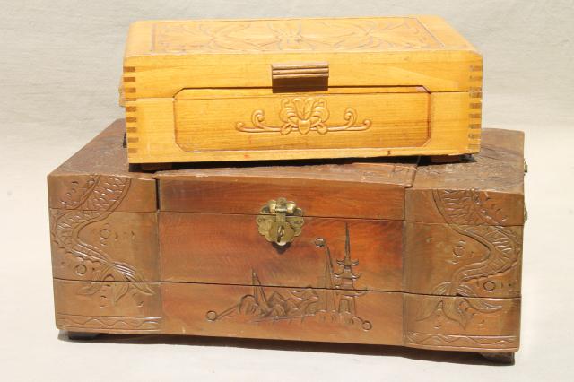 photo of vintage carved wood jewelry box collection, wooden boxes for treasures & keepsakes #1