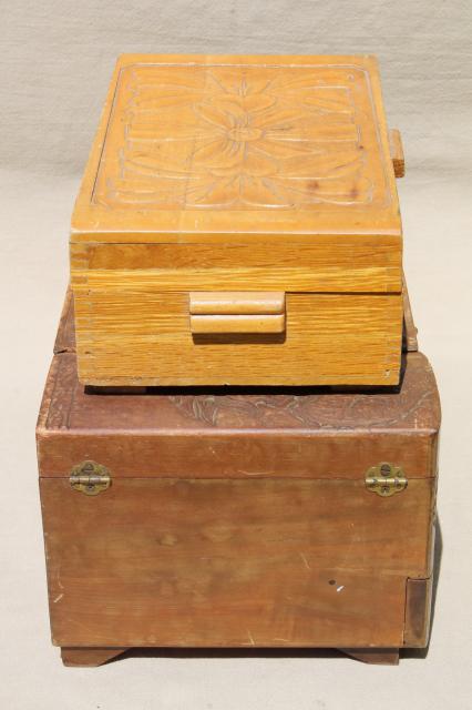 photo of vintage carved wood jewelry box collection, wooden boxes for treasures & keepsakes #3