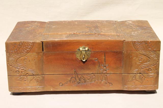 photo of vintage carved wood jewelry box collection, wooden boxes for treasures & keepsakes #7