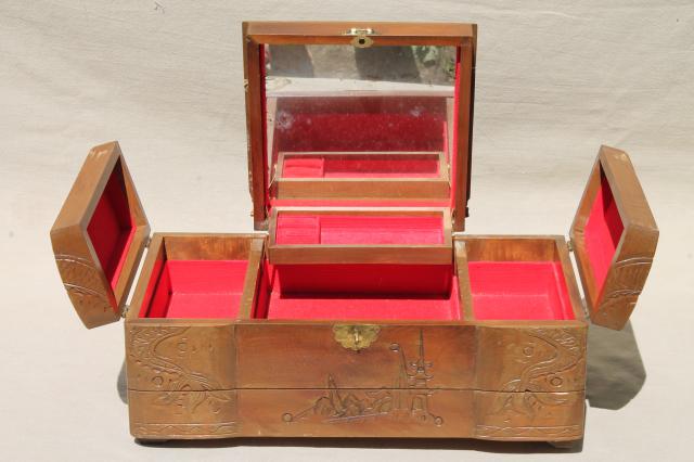 photo of vintage carved wood jewelry box collection, wooden boxes for treasures & keepsakes #8