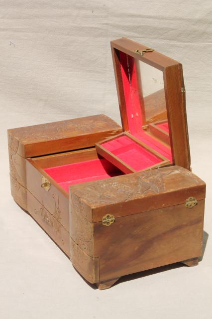 photo of vintage carved wood jewelry box collection, wooden boxes for treasures & keepsakes #10