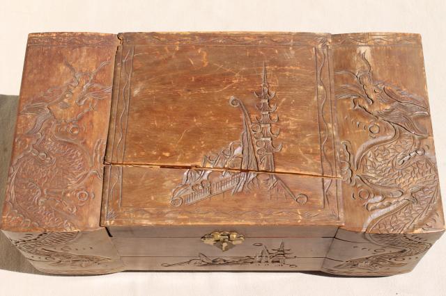 photo of vintage carved wood jewelry box collection, wooden boxes for treasures & keepsakes #11