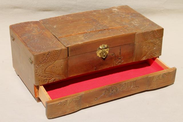 photo of vintage carved wood jewelry box collection, wooden boxes for treasures & keepsakes #12