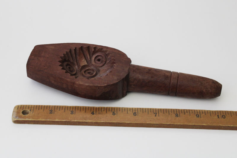 photo of vintage carved wood mold, rice mold or sugar shape, wooden paddle w/ handle #1