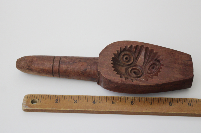 photo of vintage carved wood mold, rice mold or sugar shape, wooden paddle w/ handle #5