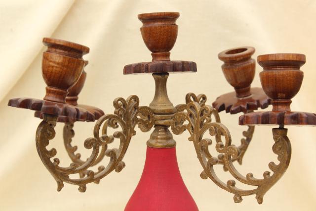 photo of vintage carved wood & ornate brass candelabra, gypsy bohemian retro candle holder #3