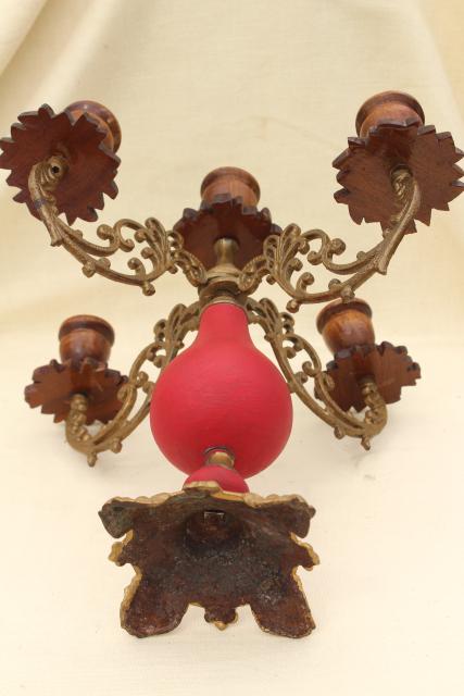 photo of vintage carved wood & ornate brass candelabra, gypsy bohemian retro candle holder #8