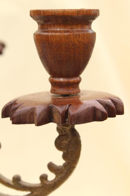 photo of vintage carved wood & ornate brass candelabra, gypsy bohemian retro candle holder #9