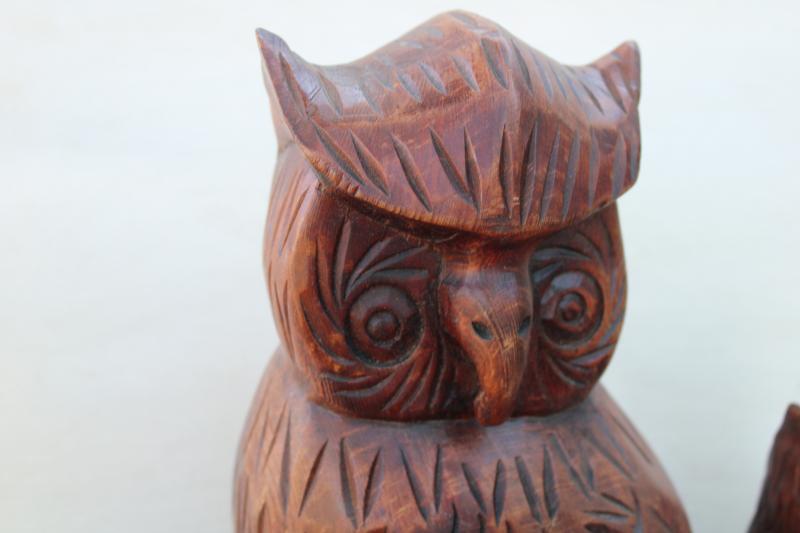 photo of vintage carved wood owls, great horned owl family rustic fall halloween decor #8