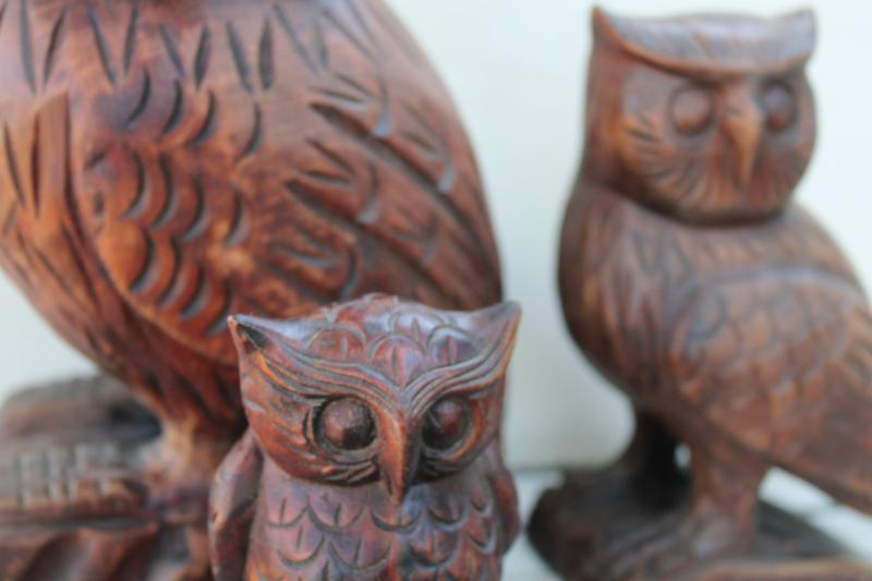 photo of vintage carved wood owls, great horned owl family rustic fall halloween decor #10