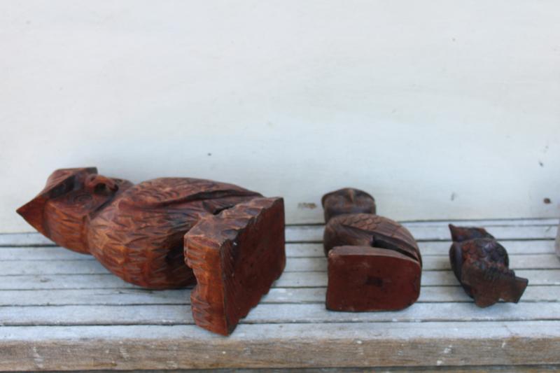 photo of vintage carved wood owls, great horned owl family rustic fall halloween decor #11