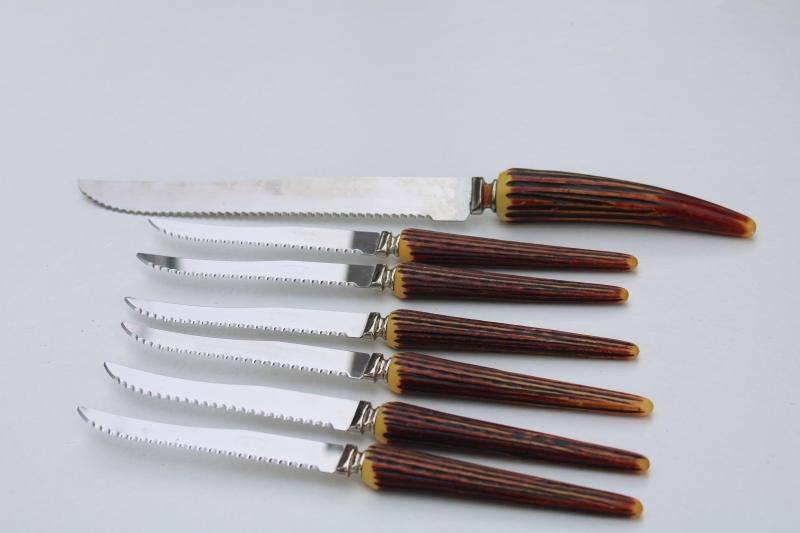 photo of vintage carving knife and steak knives set E Parker Sons stainless faux antler handles #1