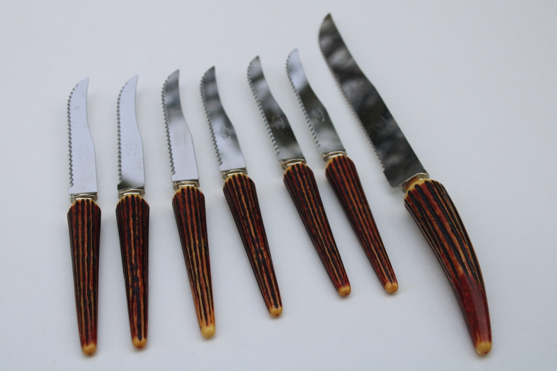 photo of vintage carving knife and steak knives set E Parker Sons stainless faux antler handles #3