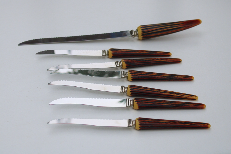 photo of vintage carving knife and steak knives set E Parker Sons stainless faux antler handles #4