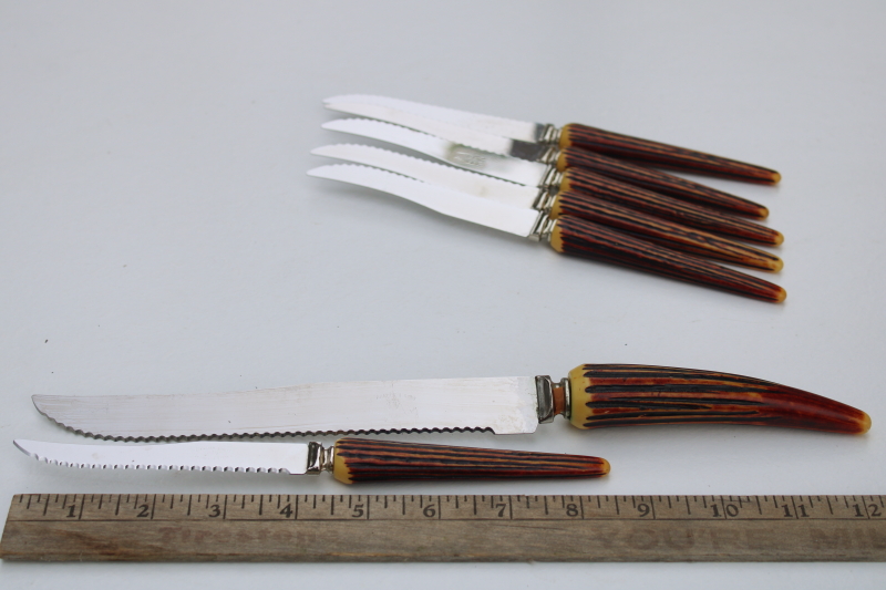 photo of vintage carving knife and steak knives set E Parker Sons stainless faux antler handles #5