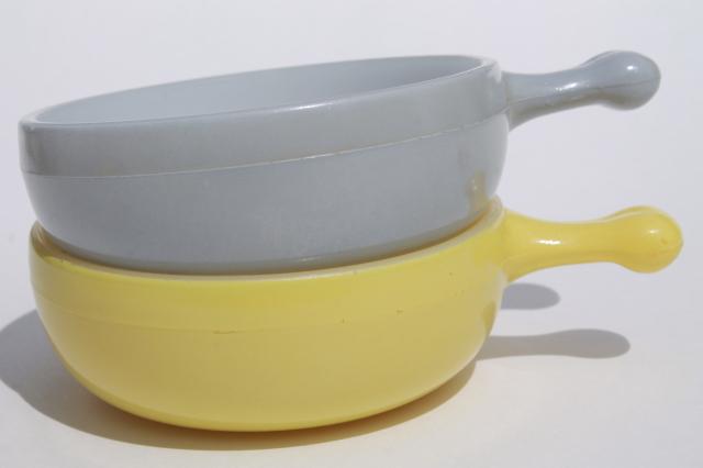 photo of vintage casserole dishes or stick handle soup bowls, Glasbake milk glass grey & yellow #1