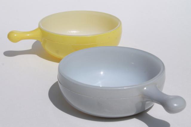 photo of vintage casserole dishes or stick handle soup bowls, Glasbake milk glass grey & yellow #2