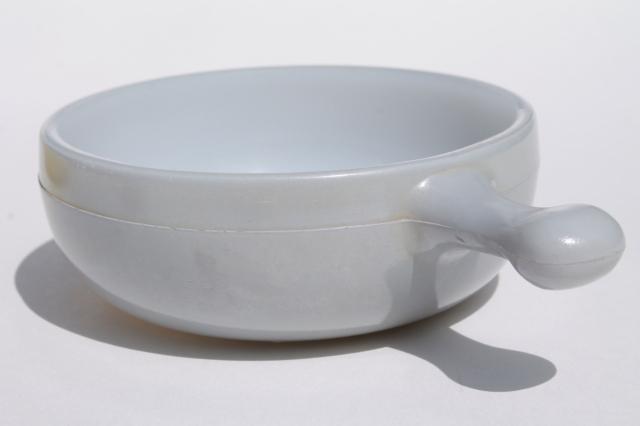 photo of vintage casserole dishes or stick handle soup bowls, Glasbake milk glass grey & yellow #3