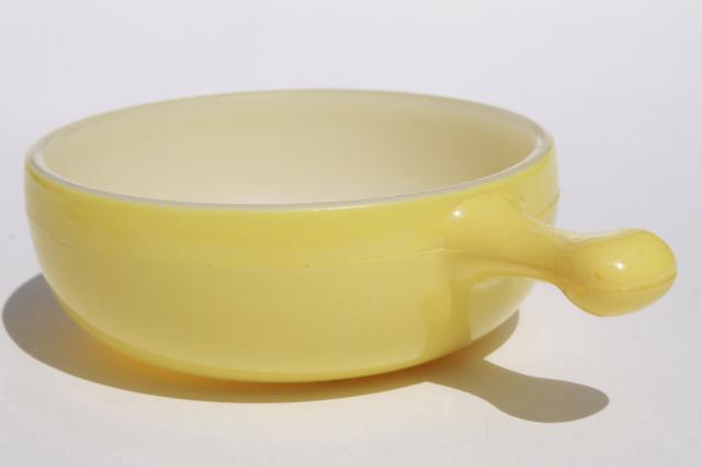 photo of vintage casserole dishes or stick handle soup bowls, Glasbake milk glass grey & yellow #4