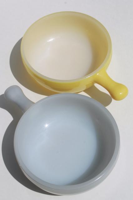 photo of vintage casserole dishes or stick handle soup bowls, Glasbake milk glass grey & yellow #5