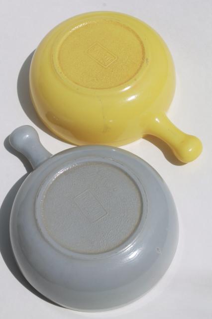 photo of vintage casserole dishes or stick handle soup bowls, Glasbake milk glass grey & yellow #6