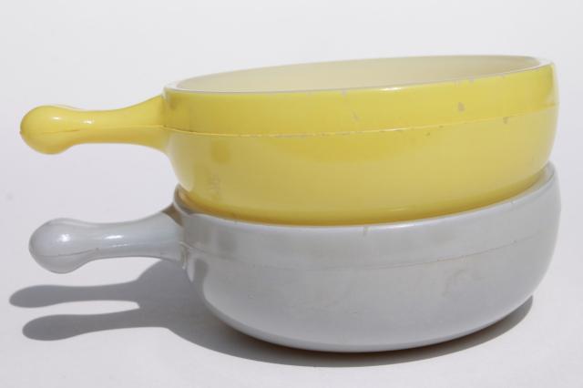 photo of vintage casserole dishes or stick handle soup bowls, Glasbake milk glass grey & yellow #7