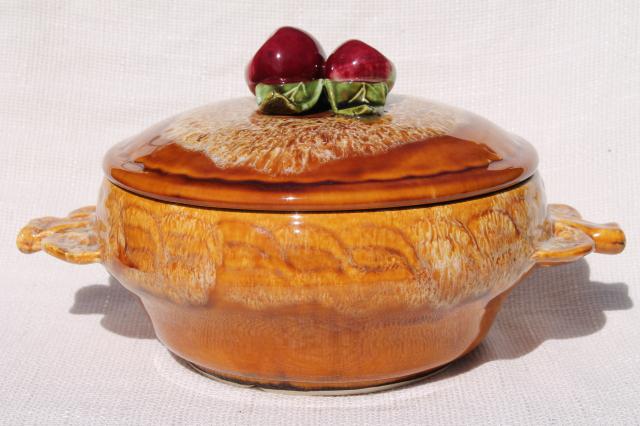 photo of vintage casserole or apple baking dish w/ red apples, California pottery  #1