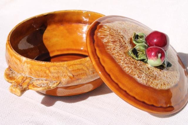 photo of vintage casserole or apple baking dish w/ red apples, California pottery  #2