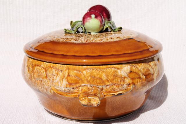 photo of vintage casserole or apple baking dish w/ red apples, California pottery  #3