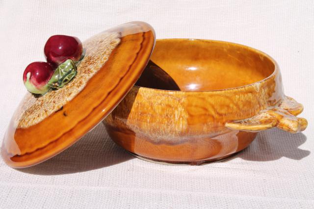 photo of vintage casserole or apple baking dish w/ red apples, California pottery  #4