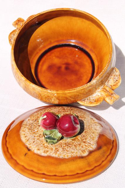 photo of vintage casserole or apple baking dish w/ red apples, California pottery  #5