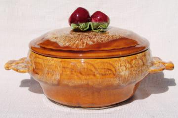 catalog photo of vintage casserole or apple baking dish w/ red apples, California pottery 