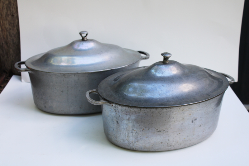 photo of vintage cast aluminum oval dutch ovens or roasters, lot of two roasting pans w/ lids #1
