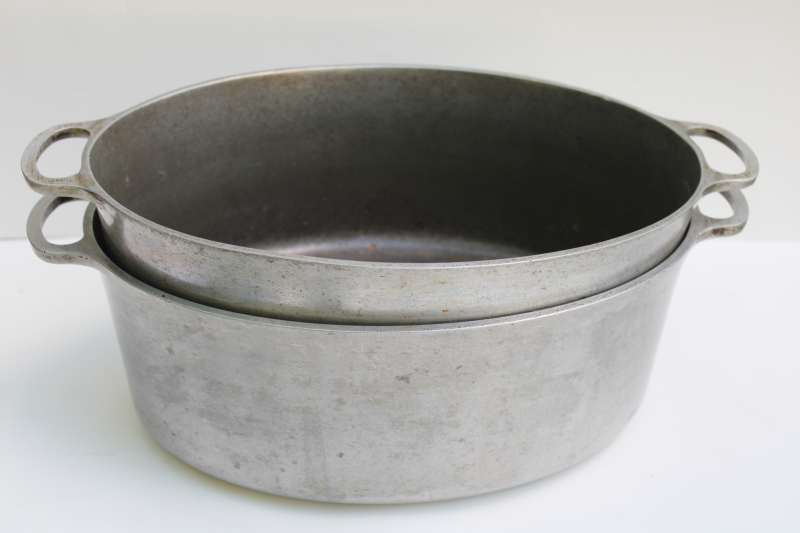 photo of vintage cast aluminum oval dutch ovens or roasters, lot of two roasting pans w/ lids  #11
