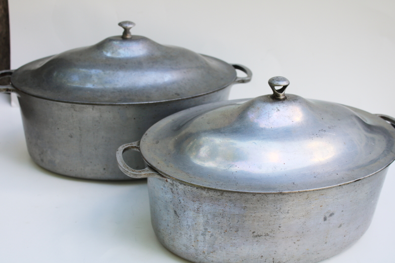 photo of vintage cast aluminum oval dutch ovens or roasters, lot of two roasting pans w/ lids  #15