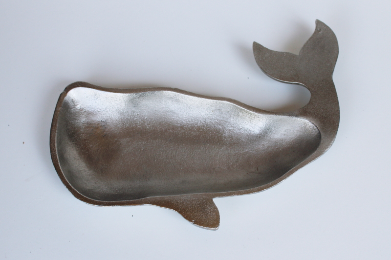 photo of vintage cast aluminum whale, metal trinket dish for coins or keys, preppy style coastal decor #1